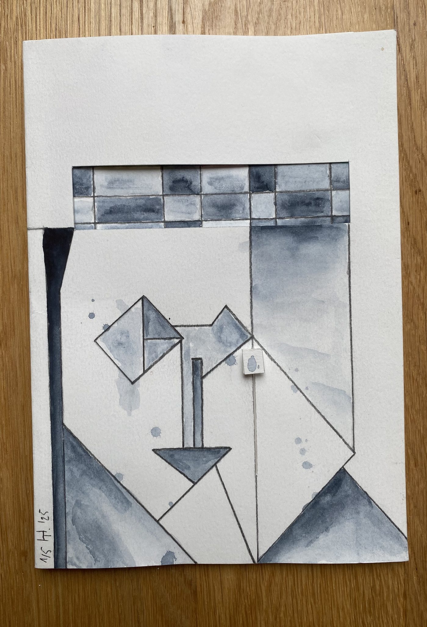 Einfall, frame 1: a geometric grey face; through the slot in the forehead a grey grid is visible; the teardrop sits beside the eye.