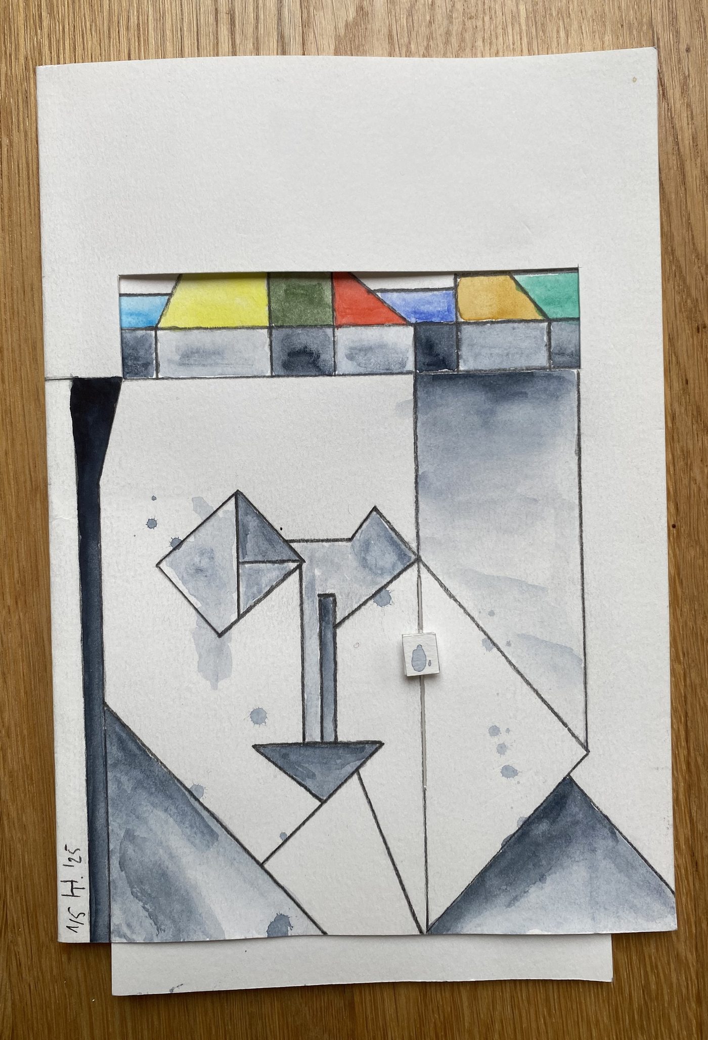 Einfall, frame 2: the teardrop slides down; coloured shapes appear above the grey grid.
