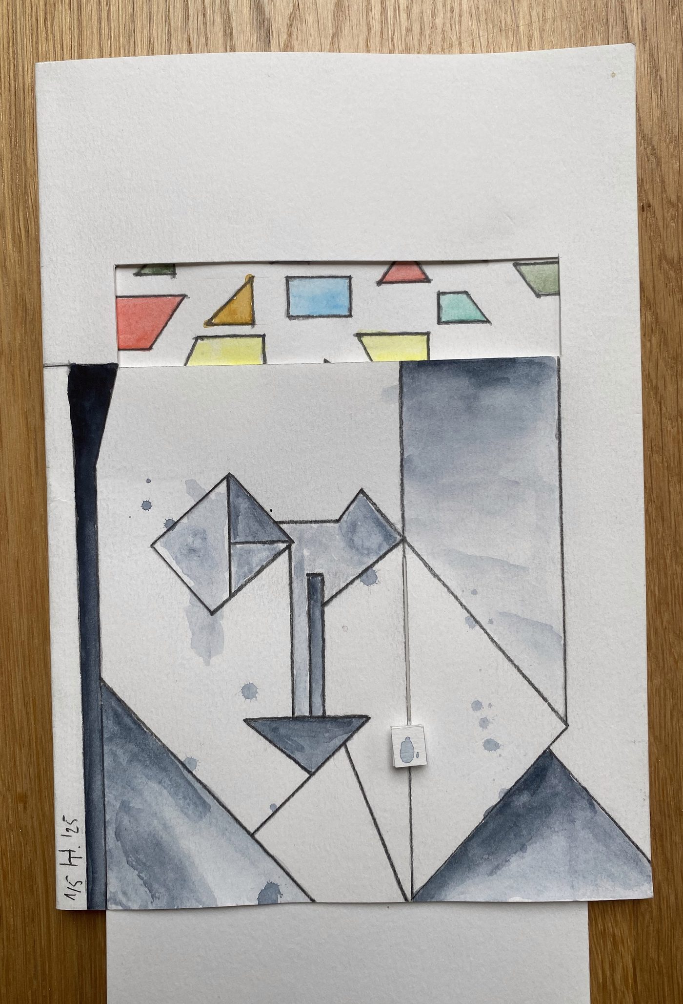 Einfall, frame 5: the teardrop has fallen to the chin; the opening shows the new idea as loose coloured shapes.